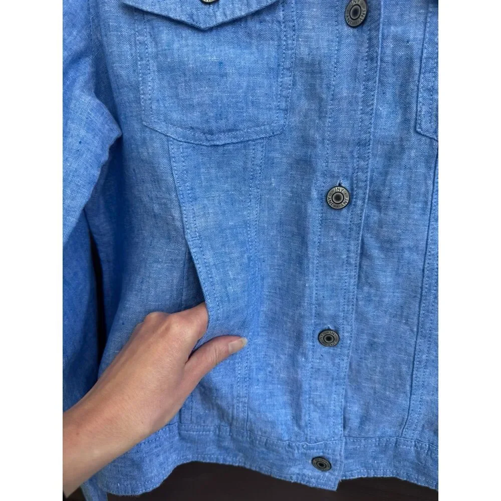 Jones New York Linen Jacket L Blue Jean Style Button Front Coastal Resort - Picture 5 of 15